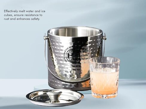 دلو ثلج مع غطاء، دلو ثلج أسود معزول لقضيب الكوكتيل مع ملقط ثلج، فولاذ مقاوم للصدأ بجدار مزدوج، 1.75 لتر، 1.84 كوارت، بارد مثلج لمدة 6 ساعات بمقبض (أسود) in Kuwait