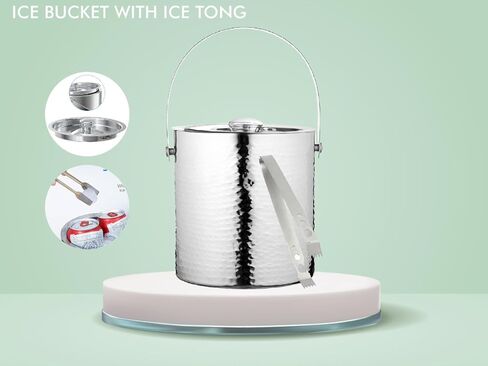 دلو ثلج مع غطاء، دلو ثلج أسود معزول لقضيب الكوكتيل مع ملقط ثلج، فولاذ مقاوم للصدأ بجدار مزدوج، 1.75 لتر، 1.84 كوارت، بارد مثلج لمدة 6 ساعات بمقبض (أسود) in Kuwait