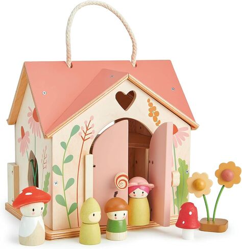 Tender Leaf Toys - Rosewood Cottage - Portable Furnished Wooden 2-Story Dollhouse Set with Handle, 4 Pcs Miniature Toadstool Family with 10 Accessories - Pretend Play Gift for Kids - Age 3+ in Saudi Arabia