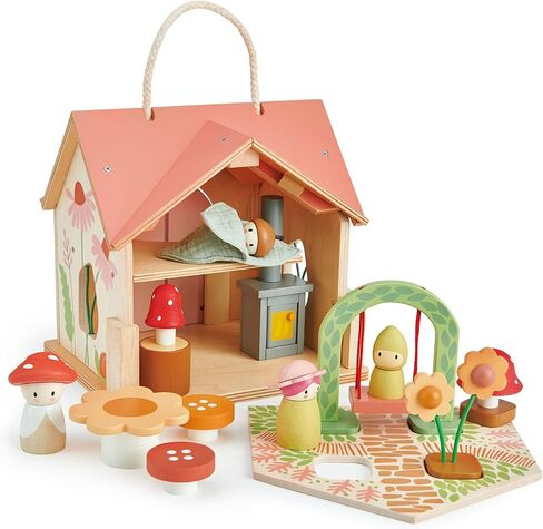 Tender Leaf Toys - Rosewood Cottage - Portable Furnished Wooden 2-Story Dollhouse Set with Handle, 4 Pcs Miniature Toadstool Family with 10 Accessories - Pretend Play Gift for Kids - Age 3+ in Saudi Arabia