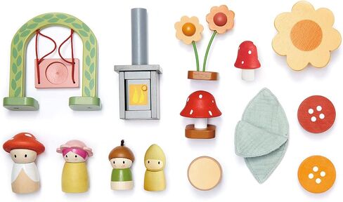 Tender Leaf Toys - Rosewood Cottage - Portable Furnished Wooden 2-Story Dollhouse Set with Handle, 4 Pcs Miniature Toadstool Family with 10 Accessories - Pretend Play Gift for Kids - Age 3+ in Saudi Arabia