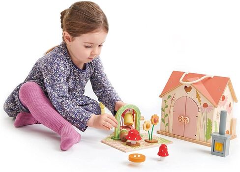 Tender Leaf Toys - Rosewood Cottage - Portable Furnished Wooden 2-Story Dollhouse Set with Handle, 4 Pcs Miniature Toadstool Family with 10 Accessories - Pretend Play Gift for Kids - Age 3+ in Saudi Arabia