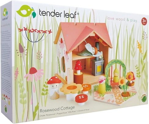 Tender Leaf Toys - Rosewood Cottage - Portable Furnished Wooden 2-Story Dollhouse Set with Handle, 4 Pcs Miniature Toadstool Family with 10 Accessories - Pretend Play Gift for Kids - Age 3+ in Saudi Arabia