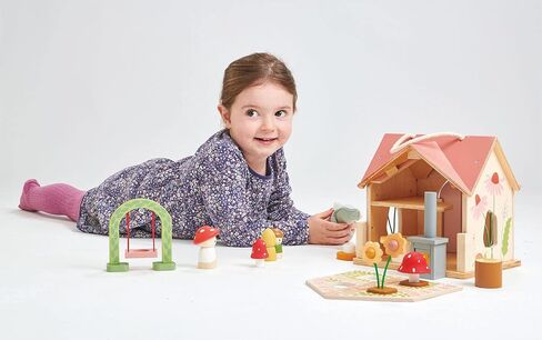 Tender Leaf Toys - Rosewood Cottage - Portable Furnished Wooden 2-Story Dollhouse Set with Handle, 4 Pcs Miniature Toadstool Family with 10 Accessories - Pretend Play Gift for Kids - Age 3+ in Saudi Arabia