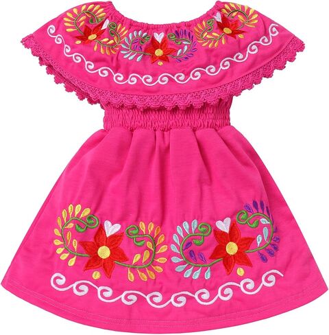Toddler Girls Traditional Mexican Folklorico Dress Floral Embroidered Kids Cinco de Mayo Fiesta Party Dresses in Saudi Arabia