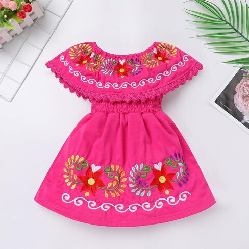 Toddler Girls Traditional Mexican Folklorico Dress Floral Embroidered Kids Cinco de Mayo Fiesta Party Dresses in Saudi Arabia