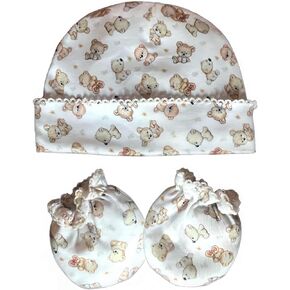 Newborn Baby hat and Glove Set with Baby Bear Print in Pima Cotton
