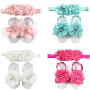 Wrapables Shabby Chic Flower Headband + Barefoot Sandals (Set of 4), Pastel