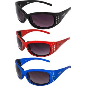 Global Vision 3 Pairs of Marilyn-2 Plus Women's Motorcycle Sunglasses Bling Black, Red & Blue Frames with Smoke Lenses