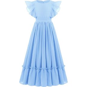 IWEMEK Chiffon Flower Girl Dresses Flutter Sleeves Long Dress Wedding Pageant Bridesmaid Ball Gown A Line Floor Length Dress