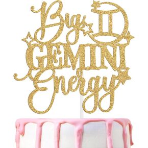 Big Gemini Energy Cake Topper, Happy Birthday Gemini in May/June, Gemini Season, 12 Zodiac Constellation Theme Birthday Party Decoration Supplies, Gold Glitter