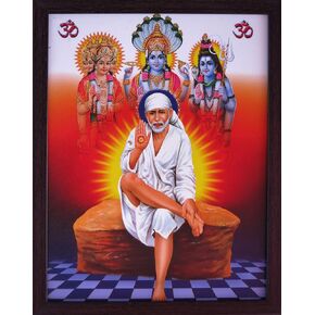 HandicraftStore Sai Baba Sitting on Rock with White Clothes and Lord Brahma, Vishnu, Mahesh Sai Baba Who Is Look Like a White Beard and Wearing White Clothes, Sai Baba Picture photo with frame