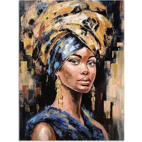 YHSKY ARTS African American Painting - Blue Black Gold Woman Wall Art, Hand Painted, Vintage Pictures, Modern Abstract Girl Artwork Home Decor for Bedroom Living Room, Bathroom