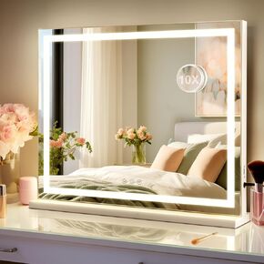 Makeup Mirror with 17 Bulbs Lights, 10X Magnifying, 24.5 x 20.5 Large Hollywood Vanity Mirror, 3 Colors Modes, Touch Control Mirror with Lights, Tabletop or Wall-Mounted, USB Charging Port
