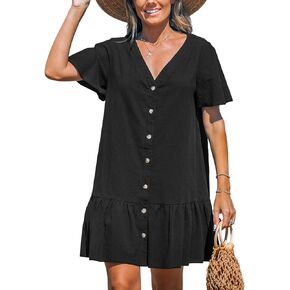 CUPSHE Women's V Neck Button Short Sleeve Flounce Cotton Beach Summer Mini Cover Up Dress