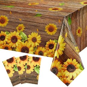 Sunflower Wood Grain Tablecloth Plastic Rustic Sunflower Tablecloth Vintage Wood Grain Table Covers for Indoor Outdoor Birthday Party Decorations Supplies, 54 x 108 Inch (White)