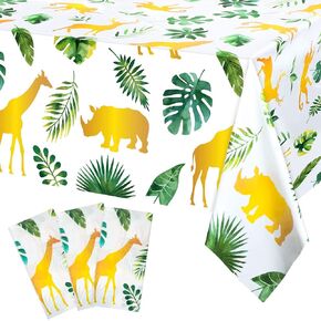 Tudomro 3 Pcs Jungle Safari Tablecloths Plastic Wild One Table Cover Waterproof Jungle Animal Table Cloth Palm Leaves Tablecloth for Kids Safari Theme Party Birthday Party Supplies,108 x 54 Inch
