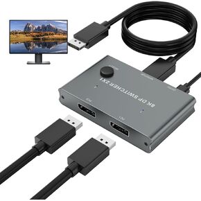 8K DisplayPort Switch 2 in 1 Out, DP Switches Splitter Selector Box with Button Support 8K@60Hz, 4K@144Hz Compatible with PC Host Monitor Laptop etc. Note: Not an 1 in 2 Out hdmi Splitter