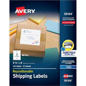 Avery Repositionable Shipping Labels for Inkjet Printers 3-1/3 x 4, Box of 150 (58164)