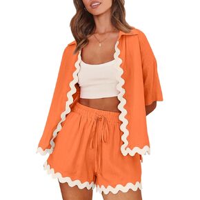 Senllen 2 Piece Beach Vacation Outfits Short Sleeve Shirts and Drawstring Shorts Two Piece Lounge Sets for Women 2024