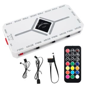 ARGB PWM Fan Hub, Addressable 5V-3PIN 2-in-1 RGB Computer PC Case Fan Hub 1 to 9 Ports Magnetic Fan Hub Splitter with Remote SATA Power Supply, Power Off Memory, Black