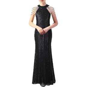 Girls Sequin Dress Halter Neck Hand-Beaded Tassel Elegant Birthday Wedding Party Maxi Dresses