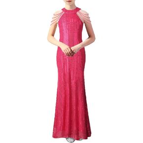 Girls Sequin Dress Halter Neck Hand-Beaded Tassel Elegant Birthday Wedding Party Maxi Dresses