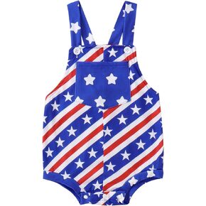 4th of July Outfit Baby Boy Girl Overalls Infant American Flag Stripe Bubble Romper Toddler Summer Rompers Clothes