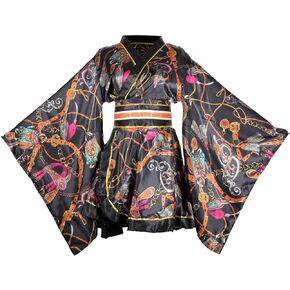 Women's Adult Sexy Short Kimono Dress Costume Japanese Geisha Yukata Prints Gown Obi Belt Set Halloween Party Cosplay Outfit