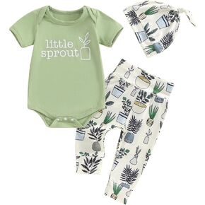 Newborn Baby Boy Girl Summer Outfit Short Sleeve Little Sprout Bodysuit Top and Plants Pants 3pcs Clothes Set