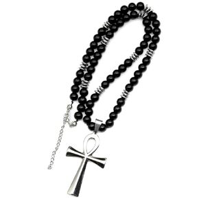 ElisaJewelryArt - Stainless Steel Ankh Cross Pendant Natural Black Onyx Stone Beaded Necklace Genuine Gemstone Strength Stone Clasp Closure Necklace Unisex Necklace (18, Black Onyx)