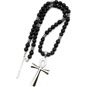 ElisaJewelryArt - Stainless Steel Ankh Cross Pendant Natural Black Onyx Stone Beaded Necklace Genuine Gemstone Strength Stone Clasp Closure Necklace Unisex Necklace (18, Black Onyx)
