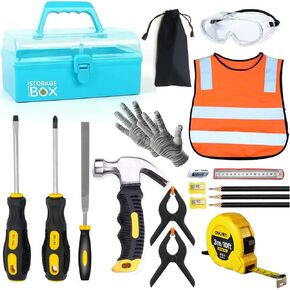 Kids Real Tool Set - 20Pcs Construction Tool with Blue Toolbox and Protective Clothing, Woodworking Tool Set for Beginner, Educational Gift
