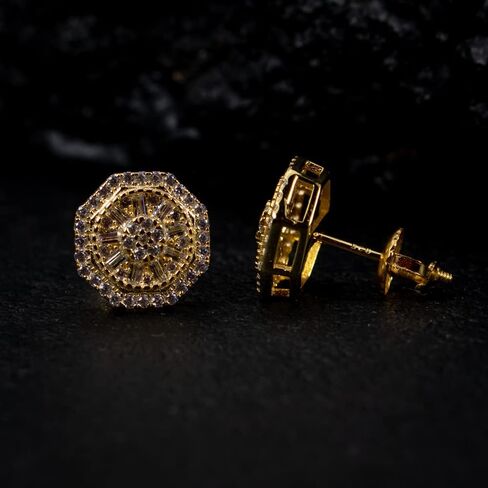 أقراط رجالي من الذهب الأصفر عيار 14 قيراط والفضة الإسترلينية عيار 925 Cz Hip Hop Octagon Cluster مسمار خلفي، مقاس M، فضة إسترلينية، مكعب زركونيا in Saudi Arabia
