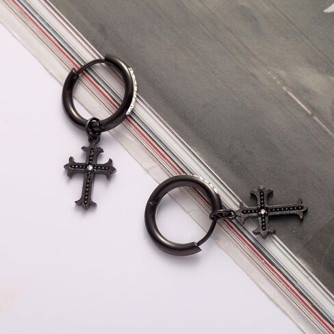 mens hoop earrings stainless steel，dangling cross earrings for men, Hypoallergenic Urban Street-wear Round Gold Hoop Hinged Hanging Earrings for Men Boy Jewelry gift in Saudi Arabia