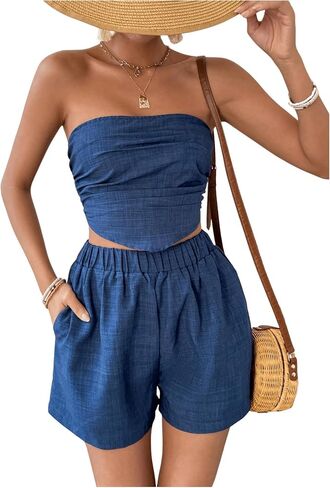 SHENHE Women's 2 Piece Outfits Ruched Asymmetrical Smocked Crop Tube Top and Shorts Set in Saudi Arabia