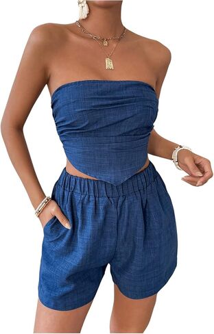 SHENHE Women's 2 Piece Outfits Ruched Asymmetrical Smocked Crop Tube Top and Shorts Set in Saudi Arabia