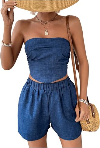 SHENHE Women's 2 Piece Outfits Ruched Asymmetrical Smocked Crop Tube Top and Shorts Set in Saudi Arabia