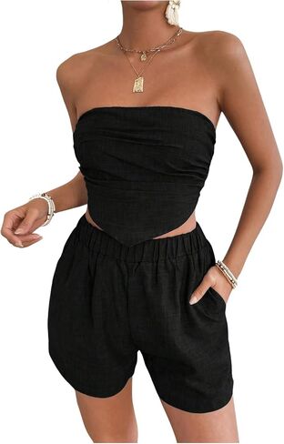 SHENHE Women's 2 Piece Outfits Ruched Asymmetrical Smocked Crop Tube Top and Shorts Set in Saudi Arabia