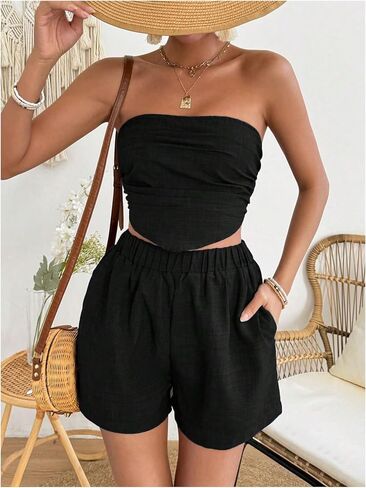 SHENHE Women's 2 Piece Outfits Ruched Asymmetrical Smocked Crop Tube Top and Shorts Set in Saudi Arabia