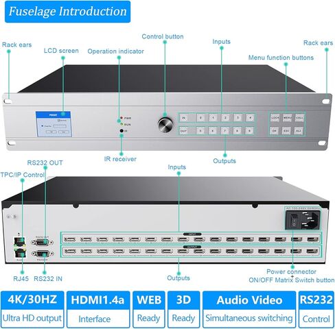 16x16 HDMI Matrix Switch 4K@30Hz ICUIXIAN Rackmount HDMI Matrix 16x16 Support RS232/WEB GUI/ HDMI1.4a /EDID/HDCP Decoding/IR/Dolby Digital/DTS-HD Main Audio Transmission HDMI Matrix Switcher in Kuwait