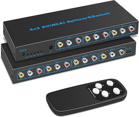 4 Port 3RCA AV Audio Video Switcher Splitter 4 in 3 Out 4 in 2 Out with IR DVD Player Game Console External 3 Way TV Monitor Projector Composite AV Selector Switch Box in Saudi Arabia