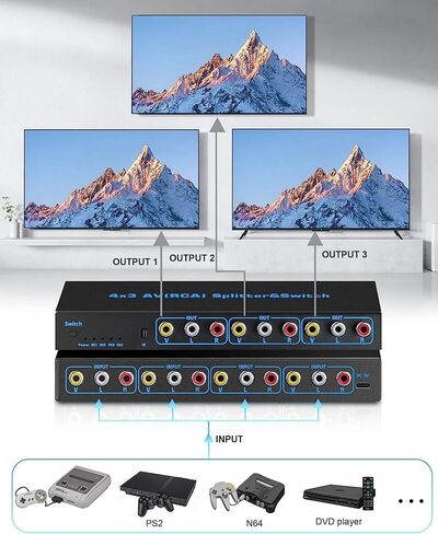 4 Port 3RCA AV Audio Video Switcher Splitter 4 in 3 Out 4 in 2 Out with IR DVD Player Game Console External 3 Way TV Monitor Projector Composite AV Selector Switch Box in Saudi Arabia