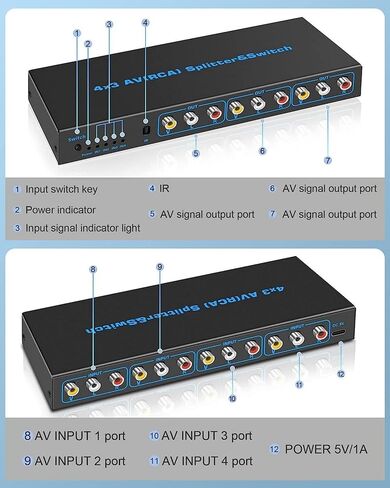 4 Port 3RCA AV Audio Video Switcher Splitter 4 in 3 Out 4 in 2 Out with IR DVD Player Game Console External 3 Way TV Monitor Projector Composite AV Selector Switch Box in Saudi Arabia