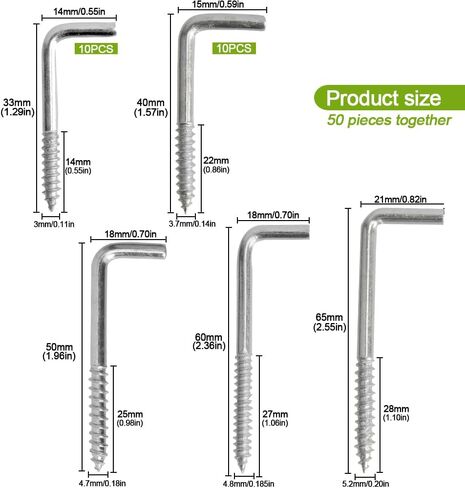 Square Bend Hooks, M4.7-50x18mm Right-Angle L Shaped Hooks 7 Shape Self-Tapping Screw Hooks for Hanging Heavy Duty Thing, Hang Display Medal Jewelry, Zinc Plated 50 PCS in Saudi Arabia