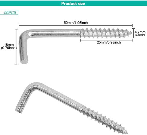 Square Bend Hooks, M4.7-50x18mm Right-Angle L Shaped Hooks 7 Shape Self-Tapping Screw Hooks for Hanging Heavy Duty Thing, Hang Display Medal Jewelry, Zinc Plated 50 PCS in Saudi Arabia