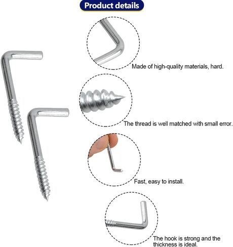 Square Bend Hooks, M4.7-50x18mm Right-Angle L Shaped Hooks 7 Shape Self-Tapping Screw Hooks for Hanging Heavy Duty Thing, Hang Display Medal Jewelry, Zinc Plated 50 PCS in Kuwait
