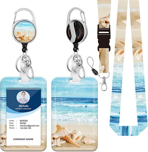 ID Badge Holder with Lanyard,Retractable Badge Reel with Swivel Belt Clip Keychain and Detachable Lanyards,Vertical Card Protector Badge Reels for Teacher Nurse Student Office(Beach) in Saudi Arabia