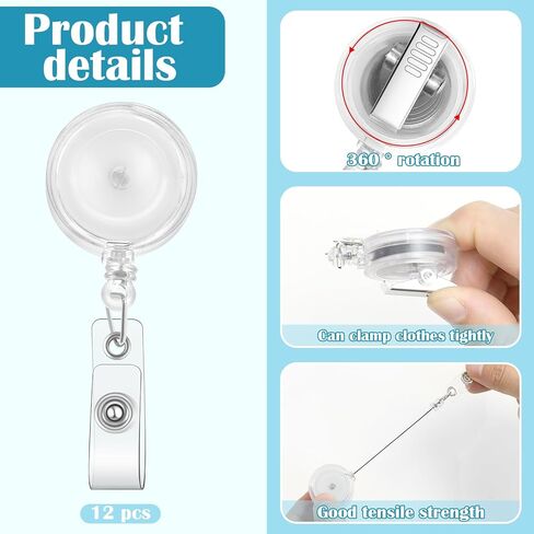 12 حزمة من بكرات الشارات مع مشبك التمساح وحامل شارة قابل للسحب مع مشابك للمعلمين والطلاب وعمال المكاتب (شفاف شفاف) in Kuwait