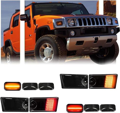 4 قطع ضوء علامة جانبية LED كهرماني لسيارة Hummer H2 2003-2009، مؤشر إشارة الانعطاف الأمامي للعدسة المدخنة H2، 144 مصباح SMD LED جانبي - 2 كهرماني + 2 أحمر in Saudi Arabia